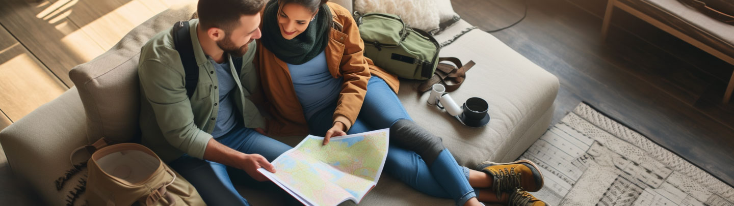 Stel bekijkt samen een reisgids om een gezonde vakantie te plannen