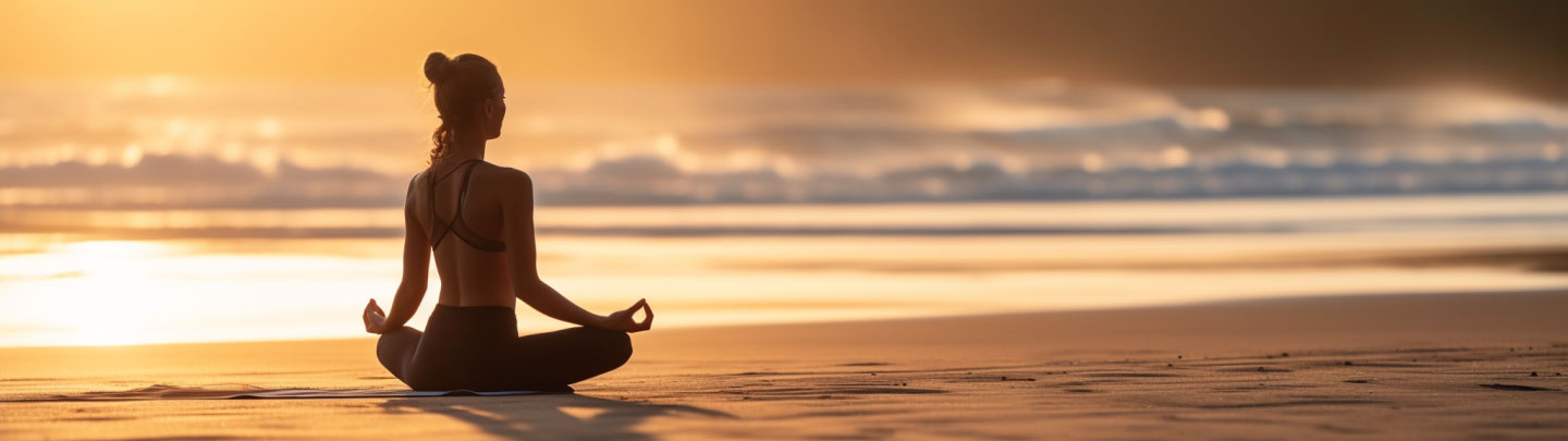 Vrouw doet yoga bij zonsopgang op het strand